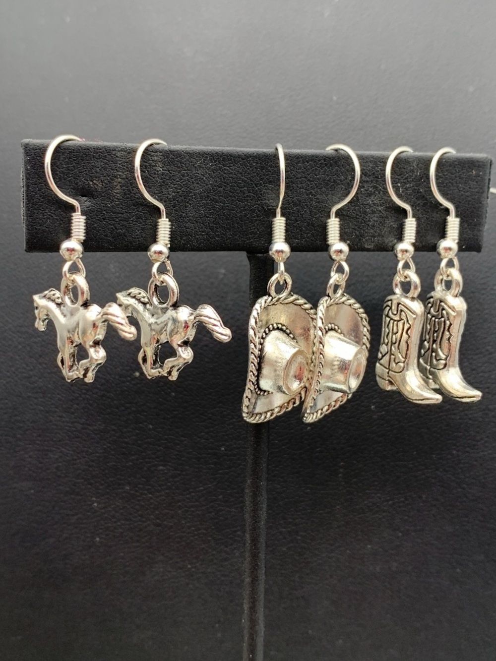 Lot of 3 Western Charm Silver-Tone Dangle Earring Set - Horse, Cowboy Hat & Boot